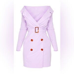 PrettyLittleThing Lilac Bardot Tortoise Button Belted Blazer Dress Size 10